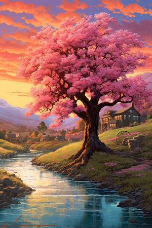 Beautiful pink cherry blossom tree in spring time. Digital painting.の素材
