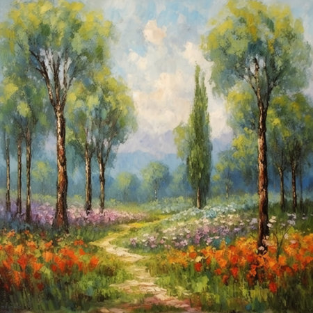 Spring landscape with meadow, trees and flowers. Digital painting.の素材