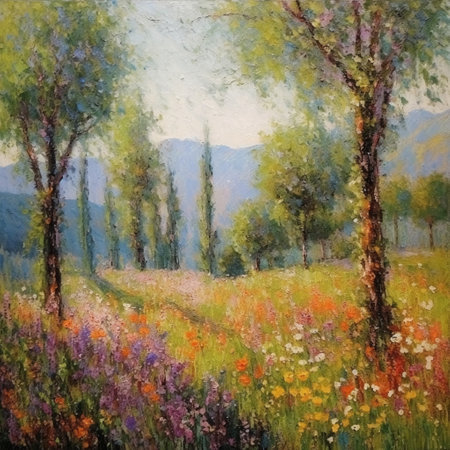 summer landscape, trees and flowers on a meadow in the mountainsの素材
