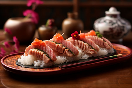 japanese cuisine. sushi on the background of a wooden tableの素材