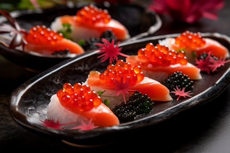 Salmon sushi with caviar on black background, Japanese food styleの素材