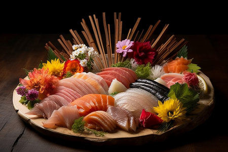 Sashimi japanese food. Sashimi set on wooden backgroundの素材