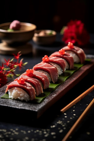 Tuna sushi with red caviar on black background. Japanese foodの素材