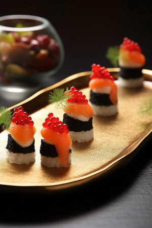 Sushi set with salmon, tuna, caviar and red caviar on golden plateの素材