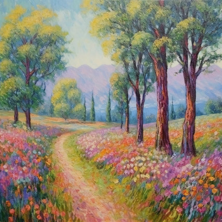 Beautiful spring landscape with colorful flowers. Oil painting on canvas.の素材