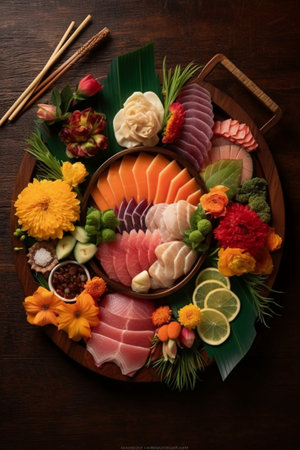 Sashimi, japanese food, sashimi set on wooden backgroundの素材