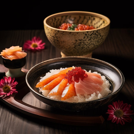 Sashimi with salmon and caviar in a bowl on a wooden tableの素材