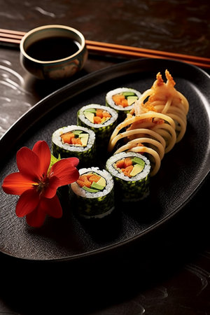Sushi roll with salmon, avocado and cucumber on black plateの素材