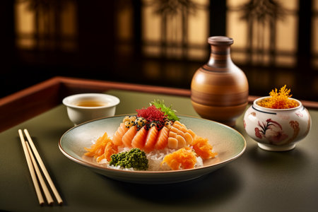 japanese cuisine. sashimi on the background of a wooden tableの素材