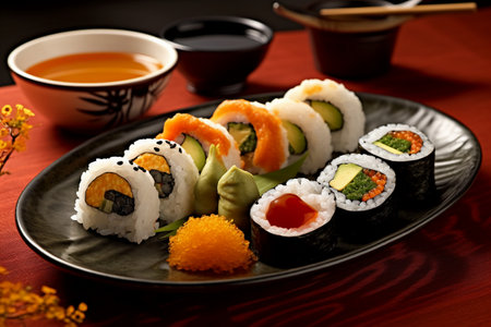 Sushi set on a black plate with wasabi and soy sauceの素材