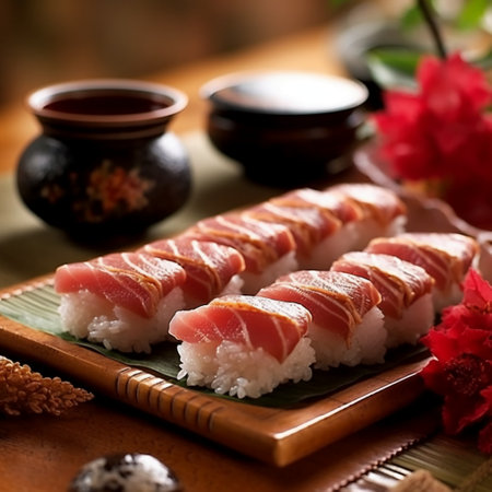 Japanese food - Sushi roll with tuna on a wooden plate.の素材