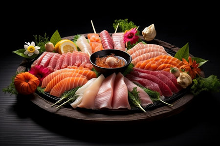 Japanese Sashimi Platter - Different Types of Sashimi on Black Backgroundの素材