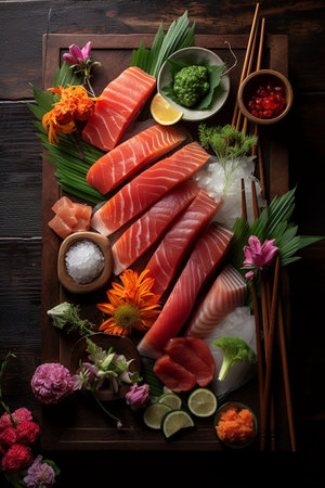 Sashimi set with salmon, salmon, tuna, shrimp and other fish on wooden backgroundの素材