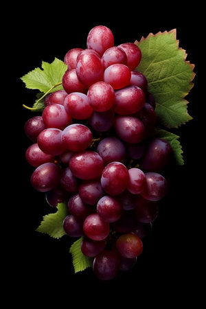 Bunch of red grapes with green leaves isolated on black background.の素材