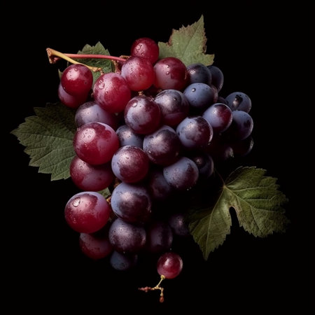 Bunch of ripe red grapes with green leaves isolated on black backgroundの素材