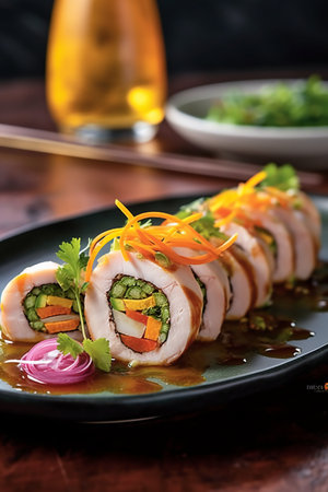 Salmon roll with vegetables and sauce on a table in a restaurantの素材