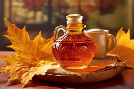 Aromatic maple syrup in glass bottle and autumn leaves on wooden tableの素材