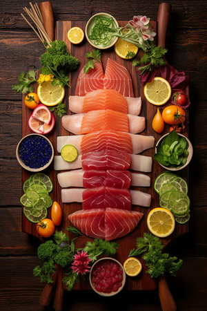 Raw fresh tuna fish with vegetables and herbs on wooden background. Top viewの素材