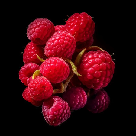Ripe raspberries on a black background, close-upの素材