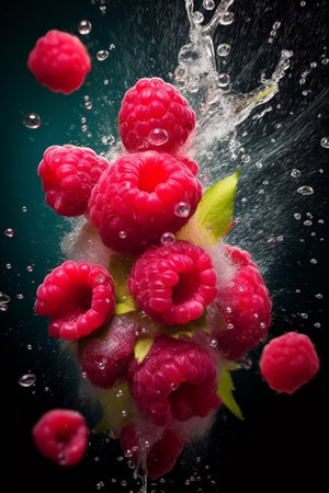 Raspberries falling into water on a black background with splashesの素材