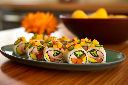 Sushi rolls with salmon, avocado, cucumber and bell pepperの素材
