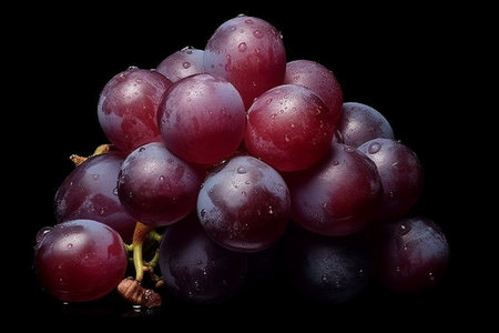 Bunch of ripe red grapes with water drops isolated on black backgroundの素材