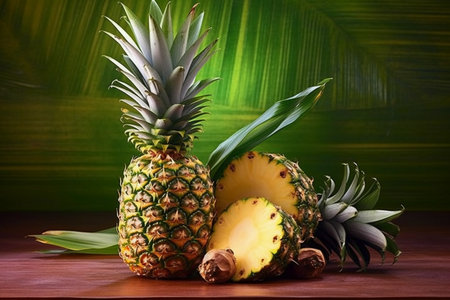 Pineapple and pineapples on a wooden table on a green backgroundの素材