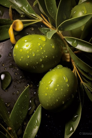 Green olives on a black background with drops of dew.の素材