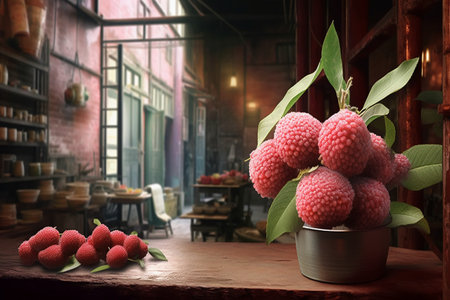 Litchi fruits in a vase on a table in a cafeの素材