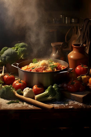 Cooking pasta with vegetables on a wooden table in a dark kitchenの素材