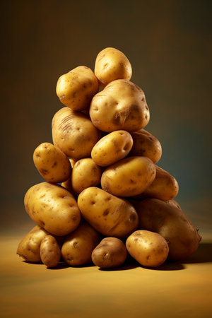 Potatoes stacked in a pyramid on a yellow background. Studio shot.の素材