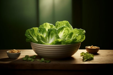 Lettuce in a white bowl on a wooden table. Selective focus.の素材