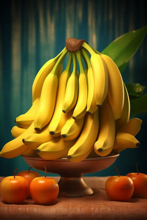 Bunch of bananas in a clay vase on a wooden tableの素材