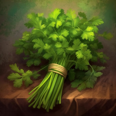 Bunch of fresh parsley on grunge background. Vintage style.の素材