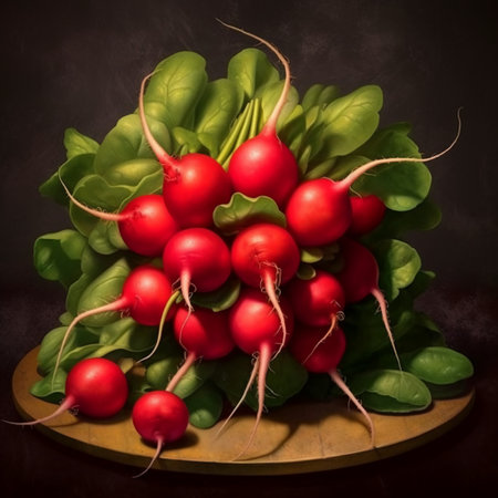Bunch of fresh radishes with green leaves on a dark backgroundの素材