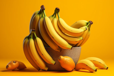 Bunch of bananas in a bowl with lemons on orange backgroundの素材