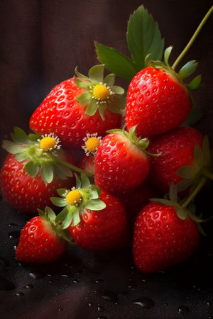 Strawberries on a dark background with water drops. Selective focus.の素材