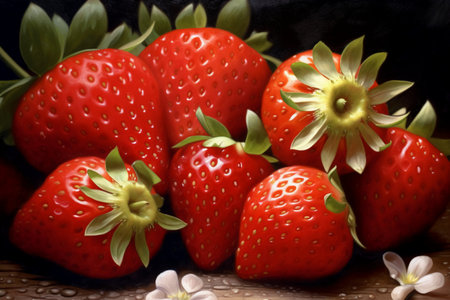 Strawberries and flowers on a black background, close-upの素材