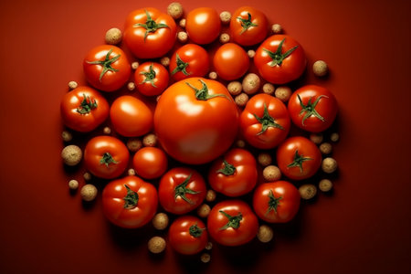 Tomatoes on a red background. The concept of healthy eating.の素材