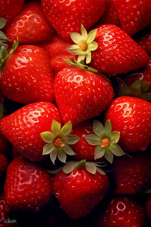 Strawberries with green leaves on a background of red berries.の素材