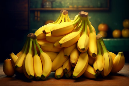 Bunch of bananas on a wooden table in a rustic kitchenの素材