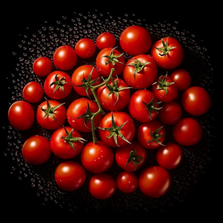Cherry tomatoes on a black background with water drops, top viewの素材