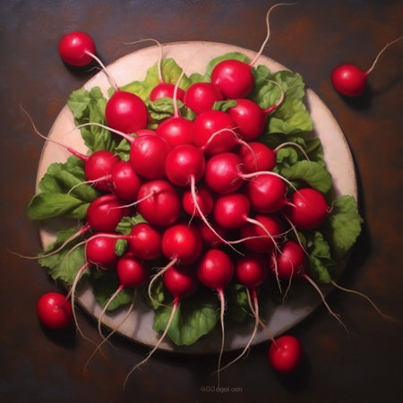 Red radishes on a plate with green leaves on a dark backgroundの素材