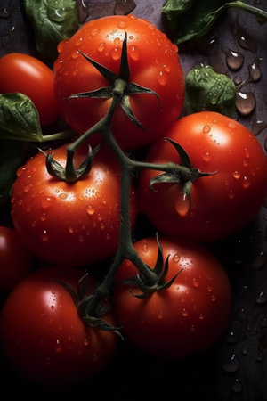 Fresh tomatoes with water drops on a dark background. Toned.の素材
