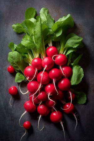 Bunch of fresh radishes with green leaves on dark background, top viewの素材