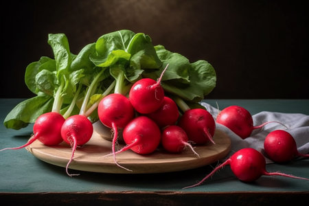 Fresh radishes on a wooden board. Dark background. Selective focus.の素材
