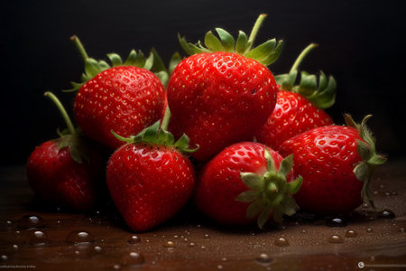 Strawberries on a wooden table with water drops. Dark background.の素材