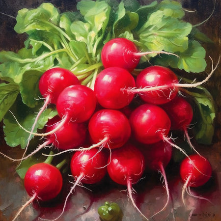 Bunch of red radishes with green leaves on a dark backgroundの素材