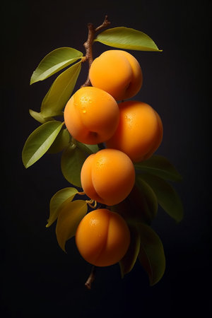 Ripe apricots on a branch on a black background.の素材