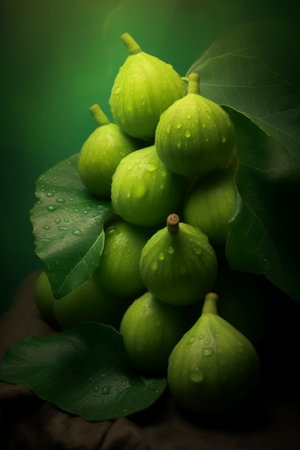 Fresh figs with green leaves on a dark background with water dropsの素材